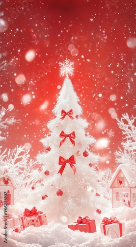 Snowy Christmas tree with red bows and gifts in a winter wonderland