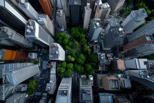 Birdâ€™s-eye view of Osaka, capturing the dense city grid, with towering buildings and tiny green pockets of parks scattered throughout