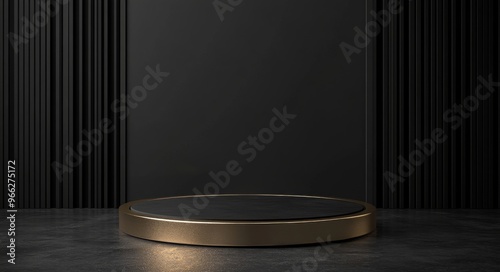 Minimalist circular pedestal with illuminated edge in a darkened studio envir...
