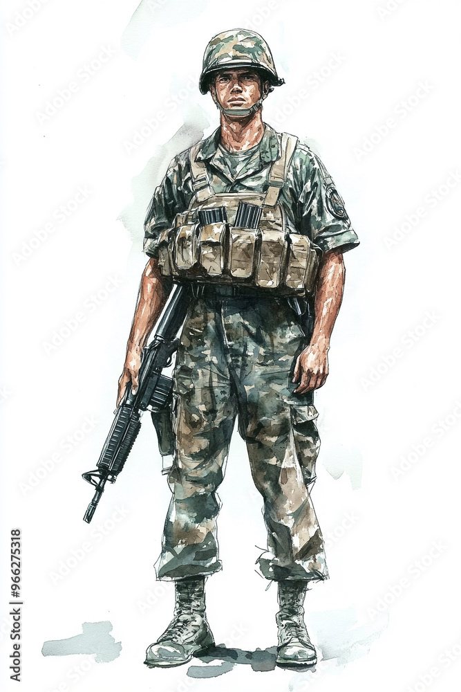 Watercolor of American soldier in Vietnam wearing camouflage uniform Watercolor of American soldier in Vietnam wearing camouflage uniform