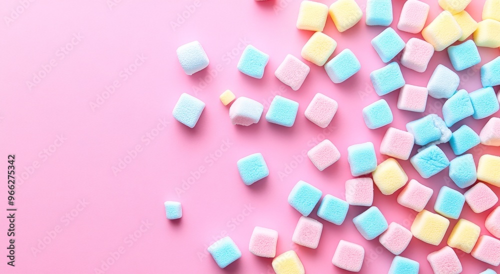 Colorful pastel sugar cubes scattered on a pink background create a playful, vibrant display Colorful pastel sugar cubes scattered on a pink background create a playful, vibrant display