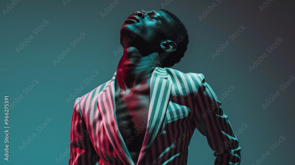Black man in avant-garde fashion, standing in a studio with dramatic lighting, striking a bold, artistic pose. Black man in avant-garde fashion, standing in a studio with dramatic lighting, striking a bold, artistic pose.