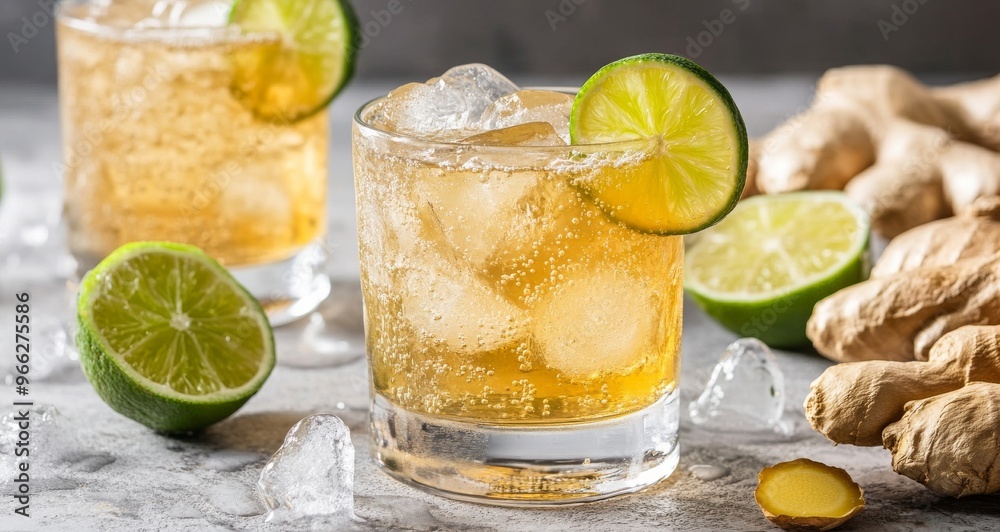 Refreshing ginger lime drink with ice and lime slices on a table with fresh ginger Refreshing ginger lime drink with ice and lime slices on a table with fresh ginger