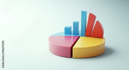 Colorful 3D pie charts and bar graphs depicting data analysis and visualizati...