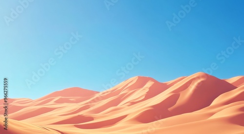 Vast, golden sand dunes under a clear blue sky in a remote desert landscape d...