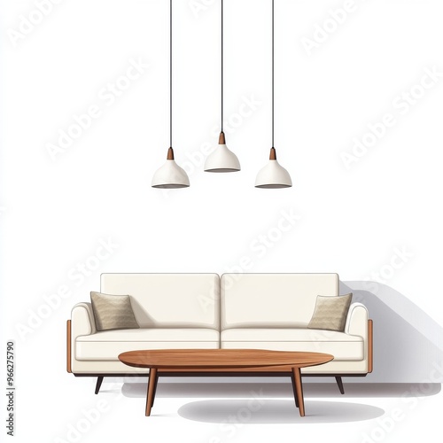 Modern living room with a stylish white couch and three pendant lights above ...