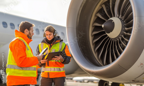 Technicians inspecting jet engine performance during pre-flight checks at an airport in daylight hours. photo