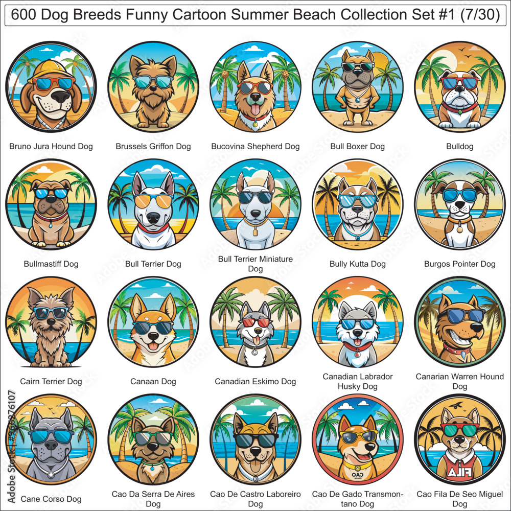 Dog Breeds Funny Cartoon Summer Beach Collection Set of 600 Dog Faces Isolated Part 7
