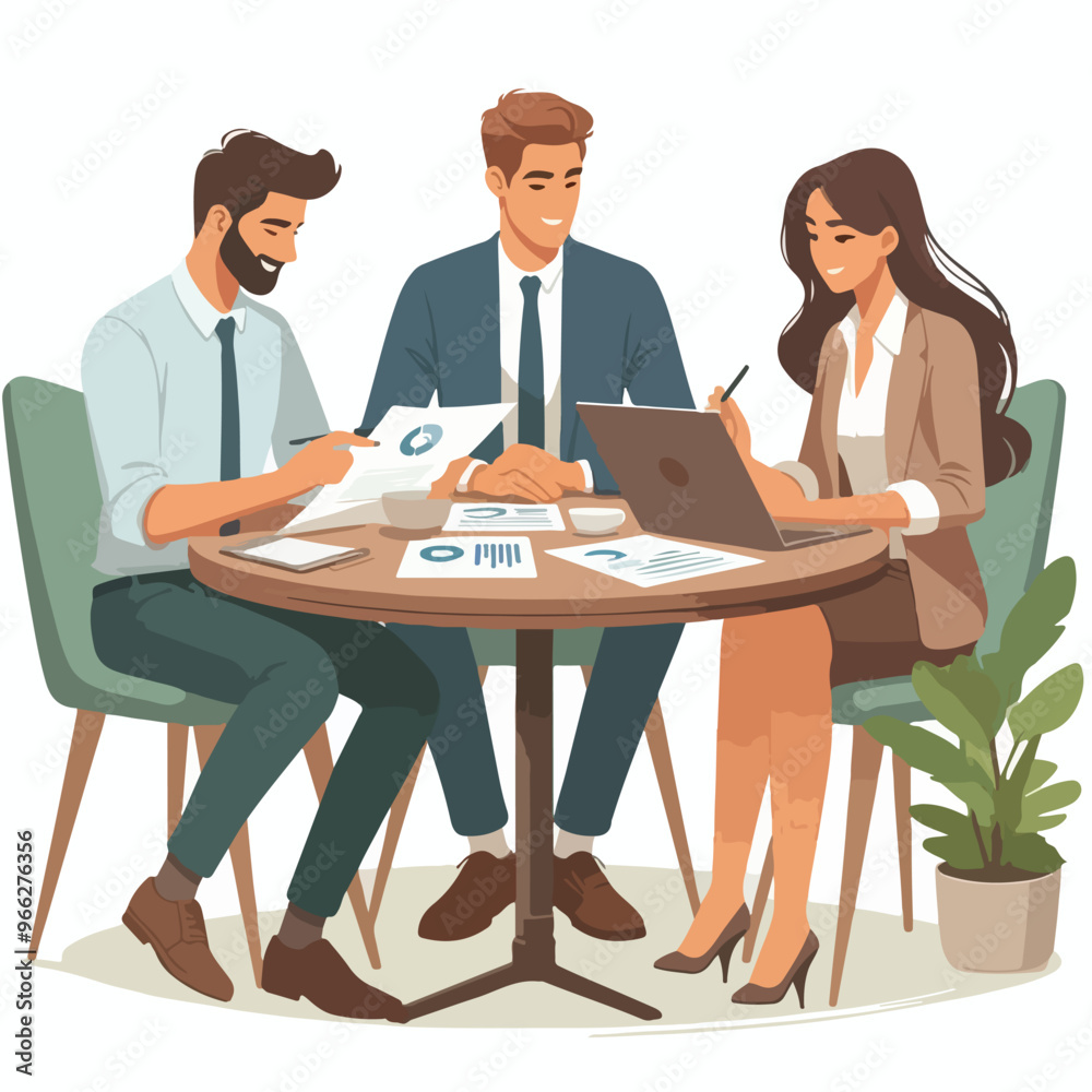 Partners meeting for business discussion with documents and laptop on desk. Couple at round table, speaking, discussing work, partnership. Flat vector illustration isolated on white background Partners meeting for business discussion with documents and laptop on desk. Couple at round table, speaking, discussing work, partnership. Flat vector illustration isolated on white background