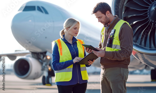 Technicians inspecting jet engine performance during pre-flight checks at an airport in daylight hours. Generative AI.