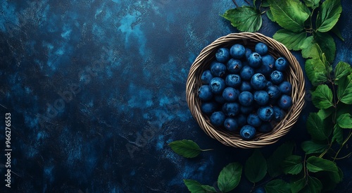 Fresh blueberries in a basket with green leaves on a dark textured background