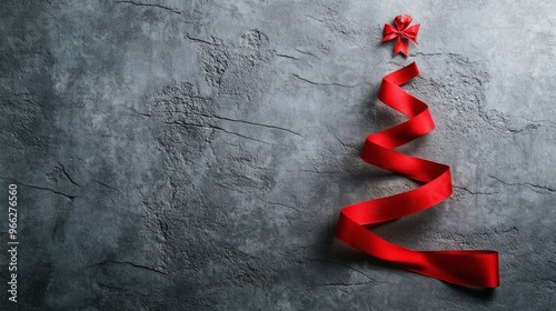 A decorative red ribbon forming a Christmas tree shape on a textured gray bac...