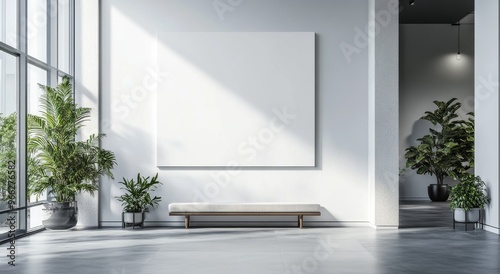 Modern minimalist interior with blank wall, seating area, and potted plants i...