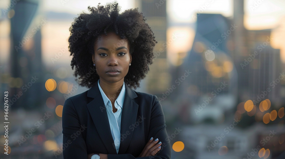 Confident Black woman in a business suit, standing in front of a cityscape with a professional, powerful expression.