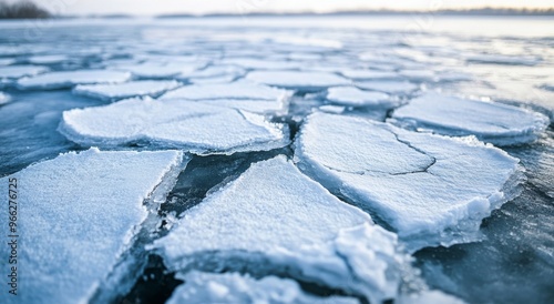 Cracked ice formations on a frozen lake during winter's twilight