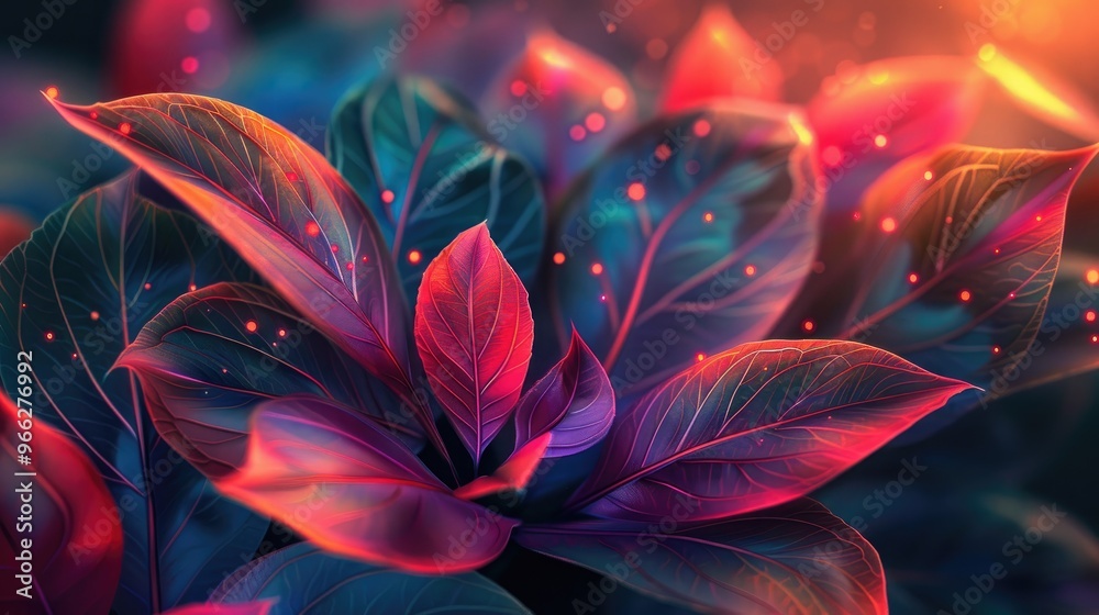 Vibrant close up of colorful abstract leaves in a digital artwork, illuminated by magical light, creating an enchanting and dreamy scene. Vibrant close up of colorful abstract leaves in a digital artwork, illuminated by magical light, creating an enchanting and dreamy scene.