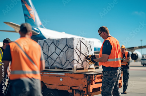 Airline crew loading cargo from an airplane, workers in orange safety vests loading a large white wooden crate onto a truck on the airport tarmac. Generative AI. photo