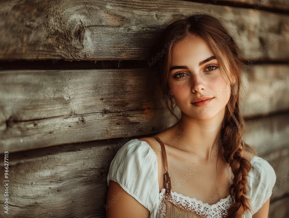 Woman in dirndl by rustic wooden wall Woman in dirndl by rustic wooden wall
