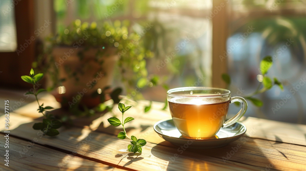 Cup of herbal tea beside a small potted plant on a wooden table with natural light streaming in. Cup of herbal tea beside a small potted plant on a wooden table with natural light streaming in.