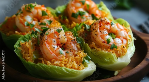 Colorful shrimp and rice dish served in lettuce cups garnished with green onions