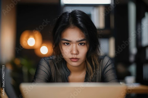 Facing her career with focus and dedication stock photo Thai ethnicity, Front View, Dark, Desk, Laptop, concentration, business casual, entrepreneur
