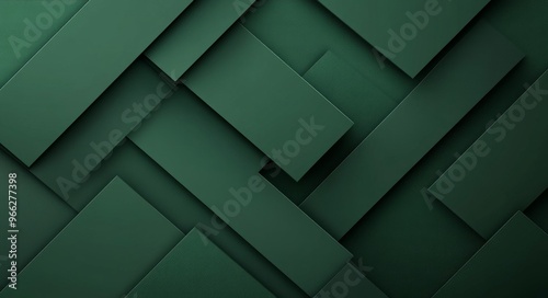 Abstract dark green geometric shapes layered in a modern design with shadow e...