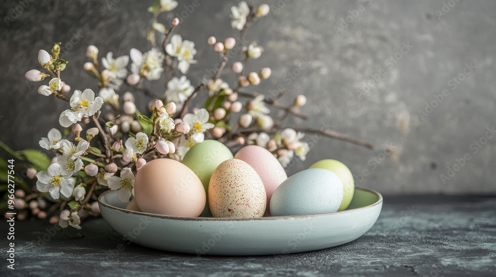 A pastel blue bowl filled with colorful Easter eggs, symbolizing new life, hope, and joy, nestled amongst delicate white spring blossoms, representing rebirth and new beginnings. A pastel blue bowl filled with colorful Easter eggs, symbolizing new life, hope, and joy, nestled amongst delicate white spring blossoms, representing rebirth and new beginnings.
