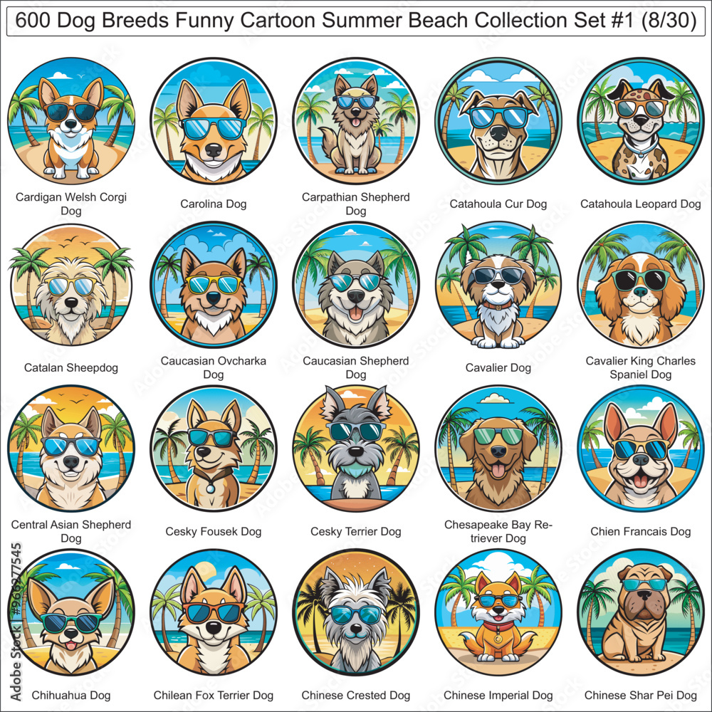 Dog Breeds Funny Cartoon Summer Beach Collection Set of 600 Dog Faces Isolated Part 8 Dog Breeds Funny Cartoon Summer Beach Collection Set of 600 Dog Faces Isolated Part 8