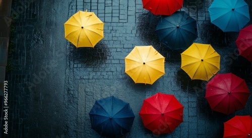 Colorful umbrellas scattered on a rainy street in an urban setting during a winter day