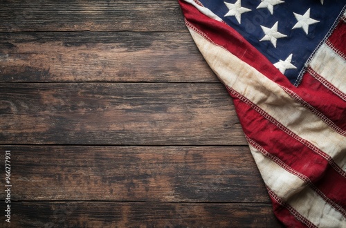 Tattered American flag draped over rustic wooden surface in soft natural light