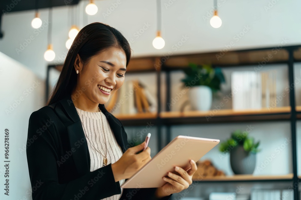 Happy Business Woman Using Digital Tablet at Home Beautiful smiling Asian businesswoman reading something on a digital tablet while standing in a modern office Happy Business Woman Using Digital Tablet at Home Beautiful smiling Asian businesswoman reading something on a digital tablet while standing in a modern office