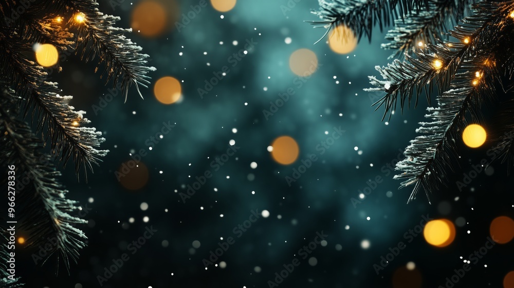 Decorated trees display nativity symbols and twinkling lights while snow gently falls around them Decorated trees display nativity symbols and twinkling lights while snow gently falls around them
