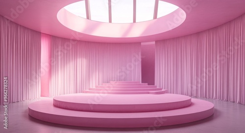 Modern pink minimalist interior design with circular platform and draped curt...