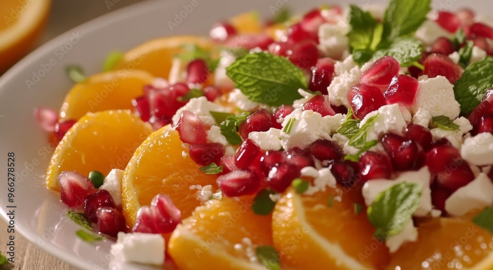 Fresh fruit salad featuring orange slices, pomegranate seeds, and mint on a decorative plate Fresh fruit salad featuring orange slices, pomegranate seeds, and mint on a decorative plate