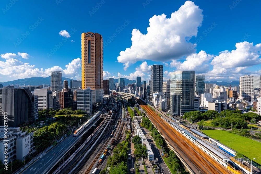 Osaka cityscape from the Hankyu train, capturing the hustle of commuters and the industrial charm of the urban railways Osaka cityscape from the Hankyu train, capturing the hustle of commuters and the industrial charm of the urban railways