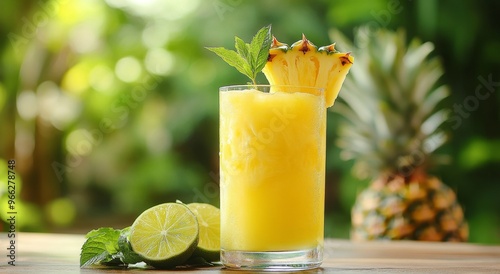 Refreshing tropical drink with pineapple and lime set against a lush green ba...