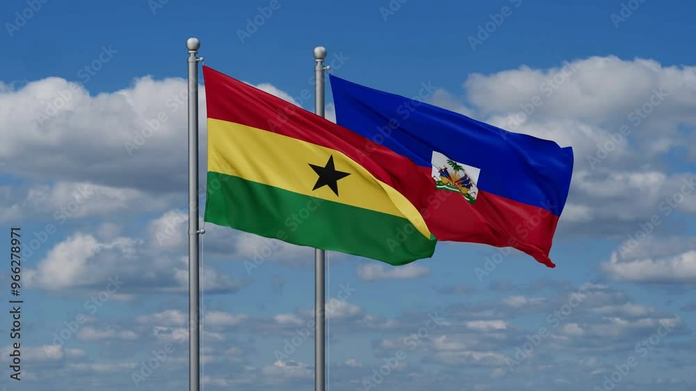 Haiti and Ghana flags flying together, video concept of the relationship, two country relations concept Haiti and Ghana flags flying together, video concept of the relationship, two country relations concept