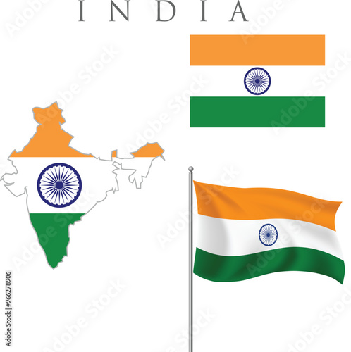 country flag with map . India Map with Flag inside and two flag with all states names Vector Illustration .India flag, on white background, vector.