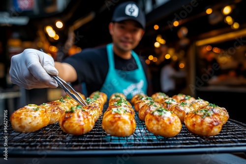 Osaka's famous food district, Kuromon Ichiba Market, packed with street food vendors selling takoyaki and fresh seafood photo