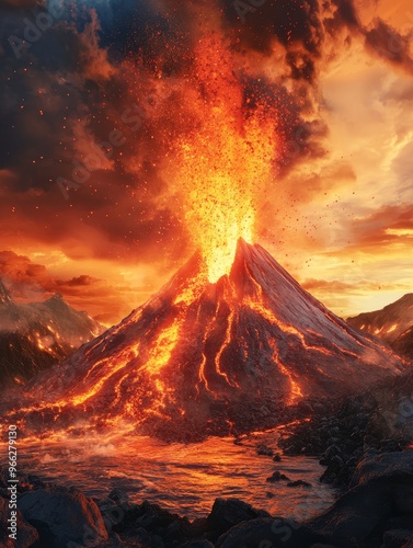 A powerful volcanic eruption spews lava and ash into the air, creating a dramatic scene of nature's raw power. The red-hot lava flows down the side of the mountain, symbolizing destruction, rebirth