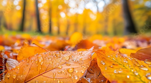 Vibrant autumn leaves glistening with morning dew in a serene forest landscape