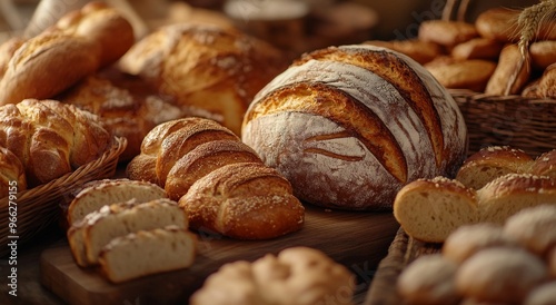 Freshly baked bread assortment on a wooden table in a cozy bakery during morn...
