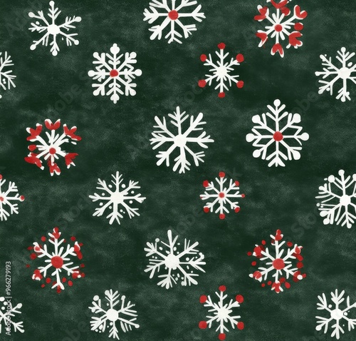 Festive winter snowflakes pattern on a dark green background for holiday deco...