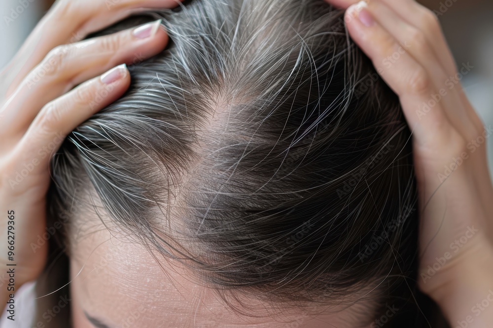 Fototapeta premium Woman suffering from hair loss. Treatment of hair problems Woman suffering from hair loss. Treatment of hair problems