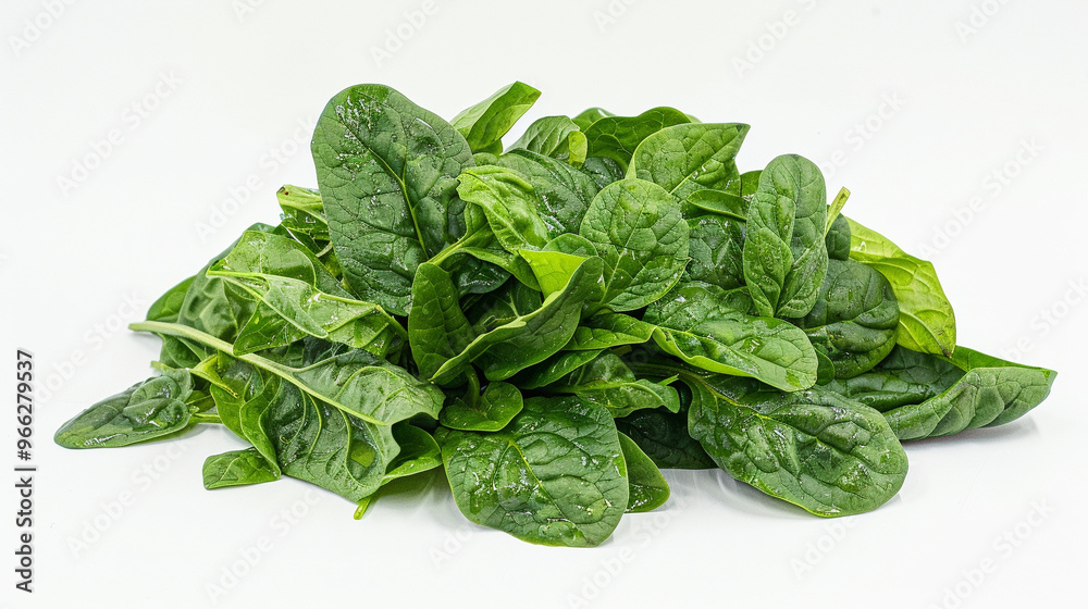 Green leafy spinach piled up on a bright white background, with individual leaves clearly visible. Green leafy spinach piled up on a bright white background, with individual leaves clearly visible.