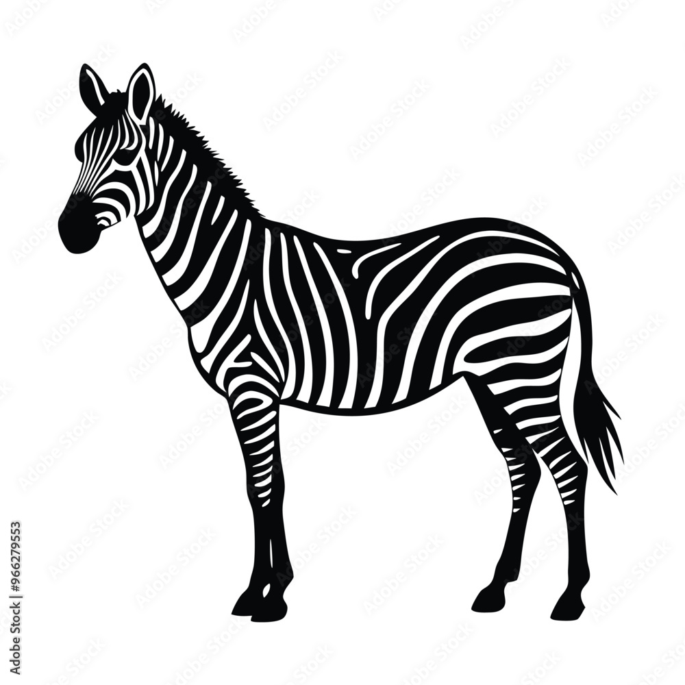Fototapeta premium A standing zebra vector illustration clipart, black color silhouette, white background 