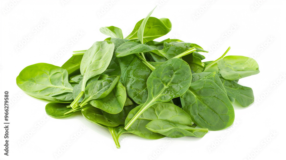 Green leafy spinach piled up on a bright white background, with individual leaves clearly visible. Green leafy spinach piled up on a bright white background, with individual leaves clearly visible.