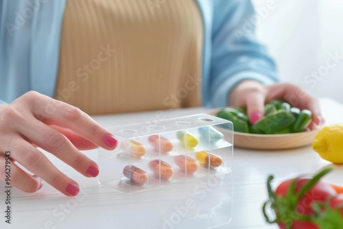 Woman taking medicine and omega 3 dietary supplement to health from pill box. Weekly dosage of medication in pill dispenser Woman taking medicine and omega 3 dietary supplement to health from pill box