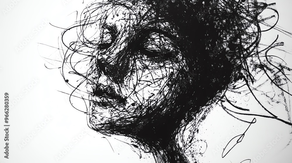 An abstract black and white illustration of a woman's face created with intricate line art, conveying emotion and depth. An abstract black and white illustration of a woman's face created with intricate line art, conveying emotion and depth.