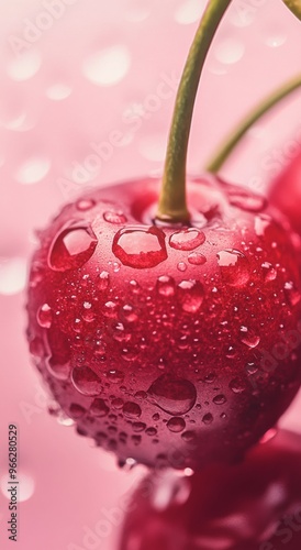 Fresh cherries with water droplets against a soft pink background during natu...